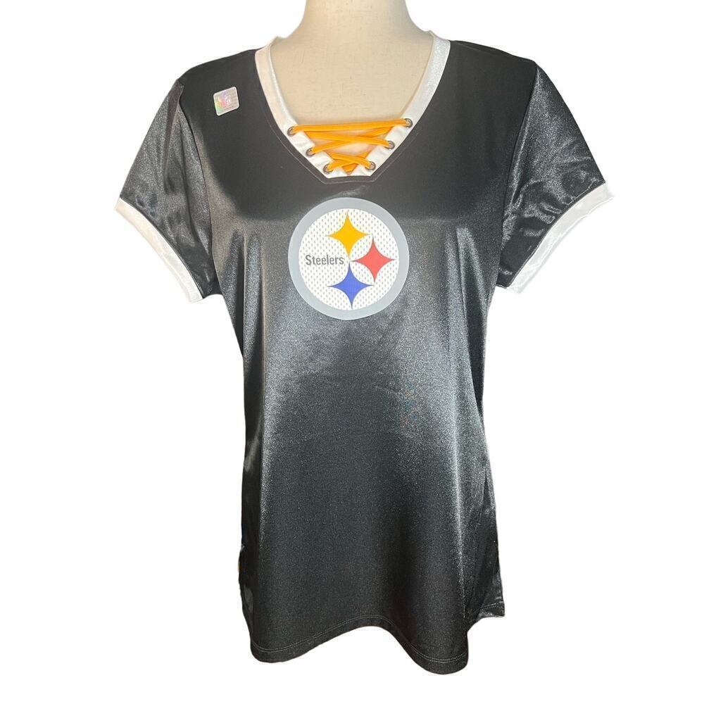 NWT NFL Team Apparel Steelers Notch Neck Top, Short Sleeve, Black, size Large